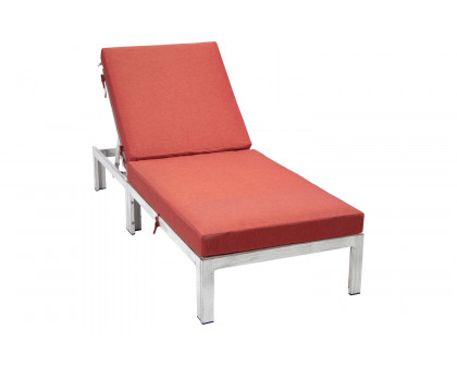 LeisureMod Chelsea Modern Outdoor Weathered Gray Chaise Lounge Chair with Cushions - Red