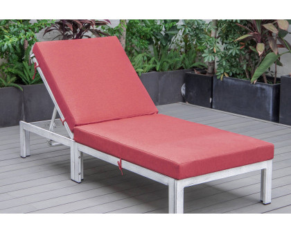 LeisureMod Chelsea Modern Outdoor Weathered Gray Chaise Lounge Chair with Cushions - Red