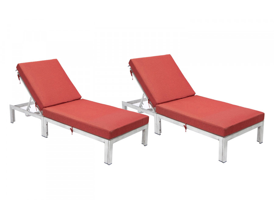 LeisureMod Chelsea Modern Outdoor Weathered Gray Chaise Lounge Chair with Cushions (Set Of 2) - Red