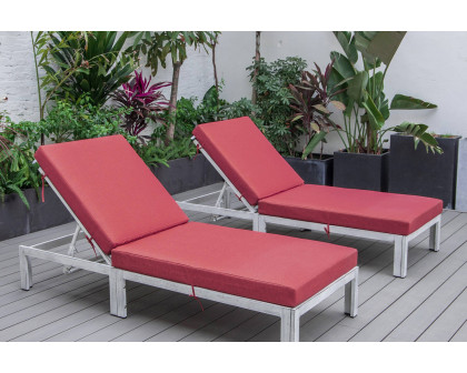 LeisureMod Chelsea Modern Outdoor Weathered Gray Chaise Lounge Chair with Cushions (Set Of 2) - Red