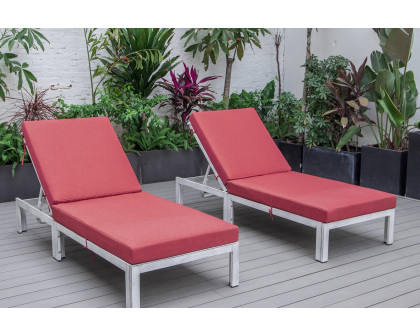 LeisureMod Chelsea Modern Outdoor Weathered Gray Chaise Lounge Chair with Cushions (Set Of 2) - Red