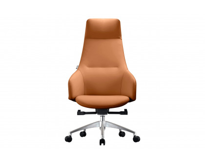 LeisureMod Celeste Mid-Century Modern High-Back Office Chair in Upholstered Faux Leather and Iron Frame - Acorn Brown