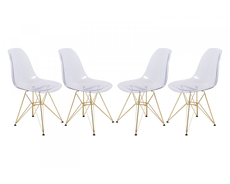 LeisureMod Cresco Modern Molded Eiffel Side Dining Chair with Gold Base (Set Of 4) - Clear