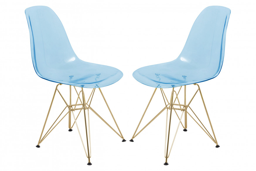 LeisureMod™ Cresco Molded Eiffel Side Chair With Gold Base (Set Of 2) - Transparent Blue