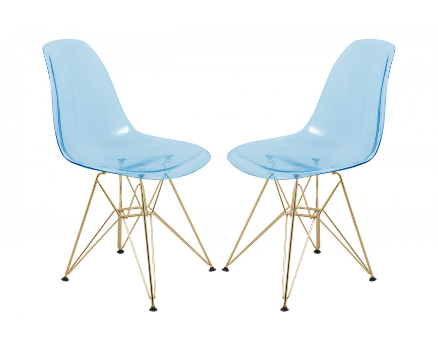 LeisureMod Cresco Molded Eiffel Side Chair With Gold Base (Set Of 2) - Transparent Blue