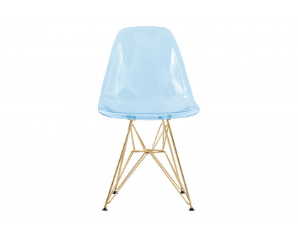 LeisureMod™ Cresco Molded Eiffel Side Chair With Gold Base (Set Of 2) - Transparent Blue