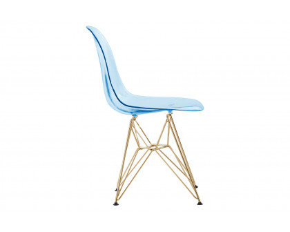 LeisureMod™ Cresco Molded Eiffel Side Chair With Gold Base (Set Of 2) - Transparent Blue