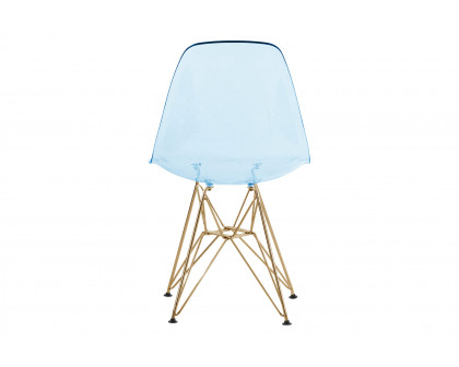 LeisureMod™ Cresco Molded Eiffel Side Chair With Gold Base (Set Of 2) - Transparent Blue