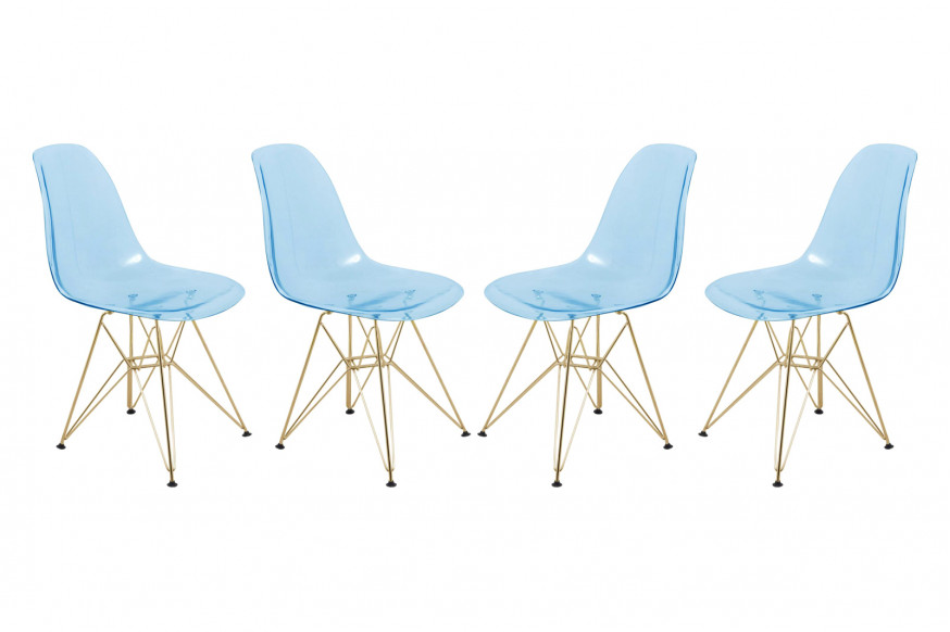 LeisureMod™ Cresco Molded Eiffel Side Chair With Gold Base (Set Of 4) - Transparent Blue