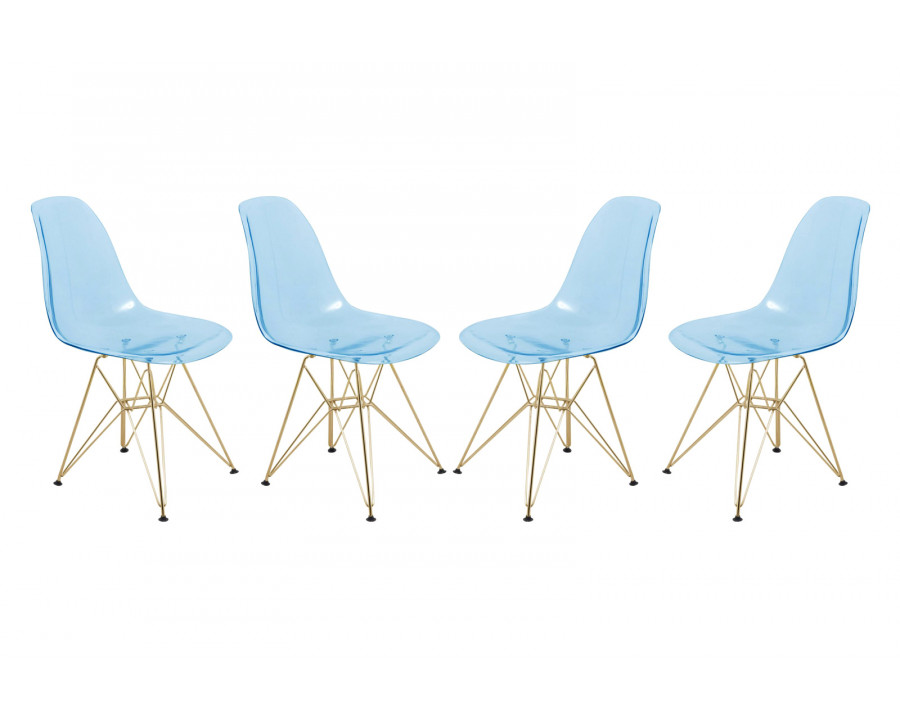 LeisureMod Cresco Molded Eiffel Side Chair With Gold Base (Set Of 4) - Transparent Blue