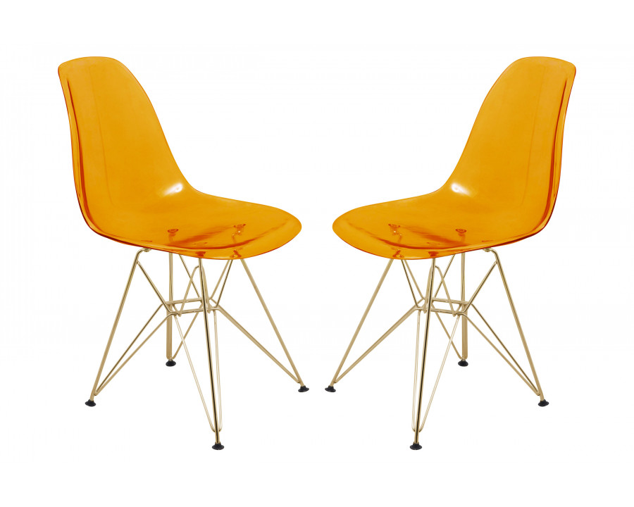 LeisureMod Cresco Molded Eiffel Side Chair With Gold Base (Set Of 2) - Transparent Orange