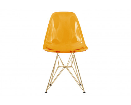 LeisureMod Cresco Molded Eiffel Side Chair With Gold Base (Set Of 2) - Transparent Orange