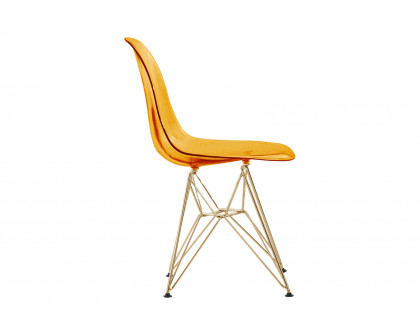 LeisureMod Cresco Molded Eiffel Side Chair With Gold Base (Set Of 2) - Transparent Orange