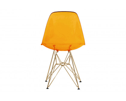 LeisureMod Cresco Molded Eiffel Side Chair With Gold Base (Set Of 2) - Transparent Orange