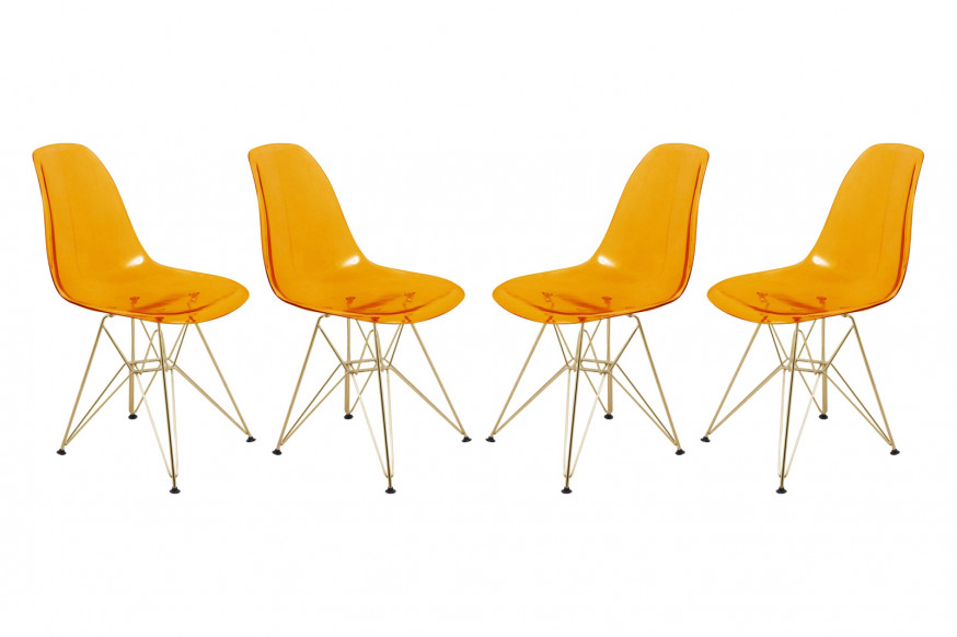 LeisureMod™ Cresco Molded Eiffel Side Chair With Gold Base (Set Of 4) - Transparent Orange