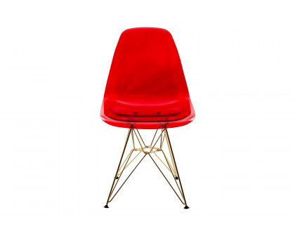 LeisureMod Cresco Modern Molded Eiffel Side Dining Chair with Gold Base - Transparent/Red