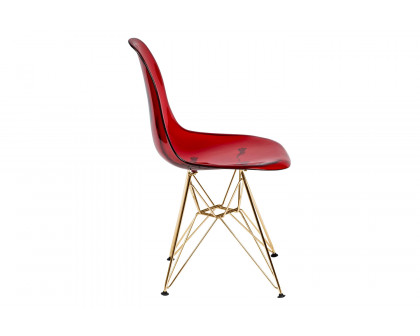 LeisureMod Cresco Modern Molded Eiffel Side Dining Chair with Gold Base - Transparent/Red