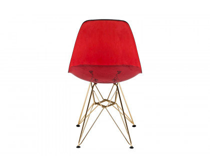 LeisureMod Cresco Modern Molded Eiffel Side Dining Chair with Gold Base - Transparent/Red