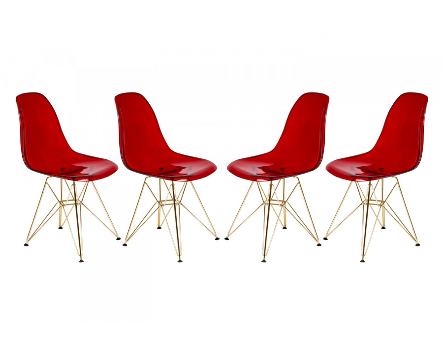 LeisureMod Cresco Modern Molded Eiffel Side Dining Chair with Gold Base (Set Of 4) - Transparent/Red