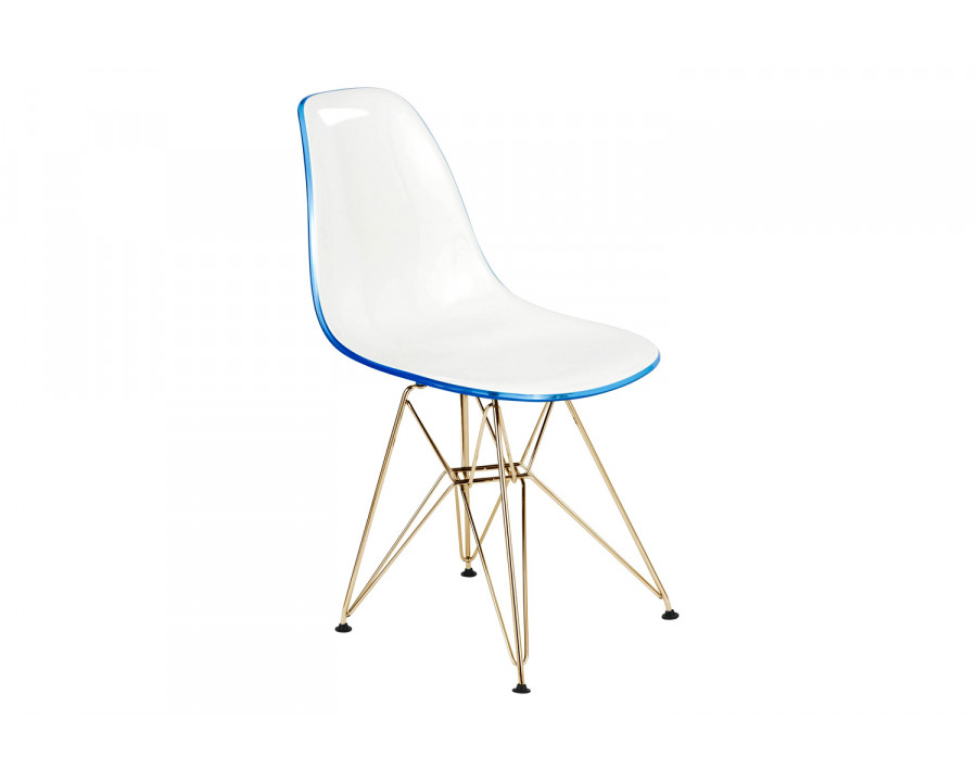 LeisureMod Cresco Modern Molded Eiffel Side Dining Chair with Gold Base - White/Blue