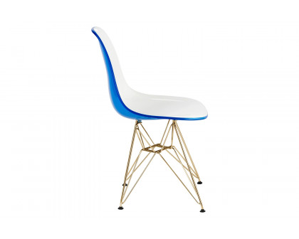 LeisureMod Cresco Modern Molded Eiffel Side Dining Chair with Gold Base - White/Blue