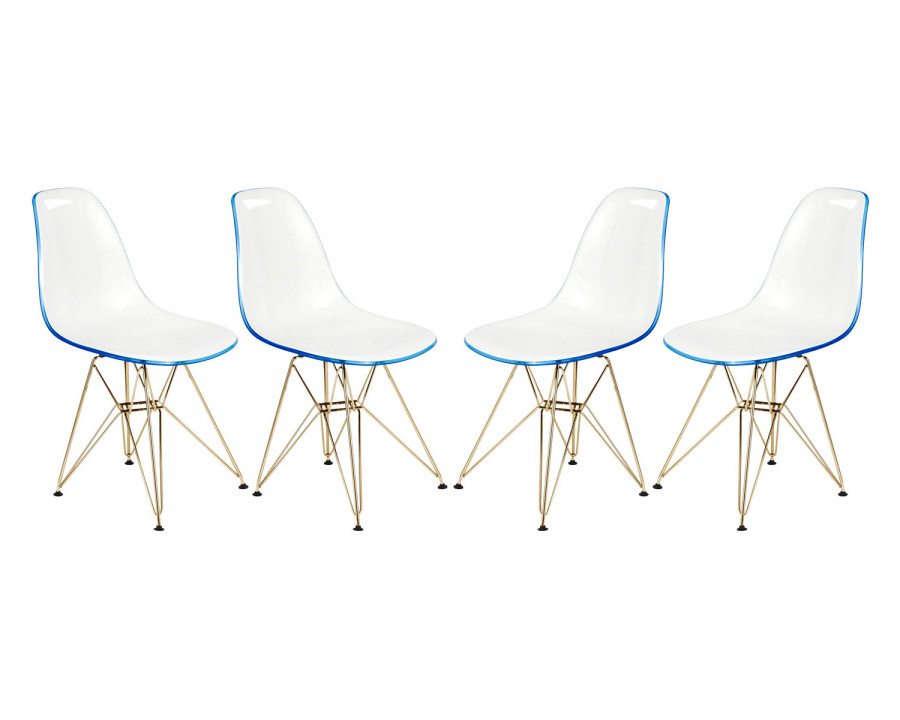 LeisureMod Cresco Modern Molded Eiffel Side Dining Chair with Gold Base (Set Of 4) - White/Blue