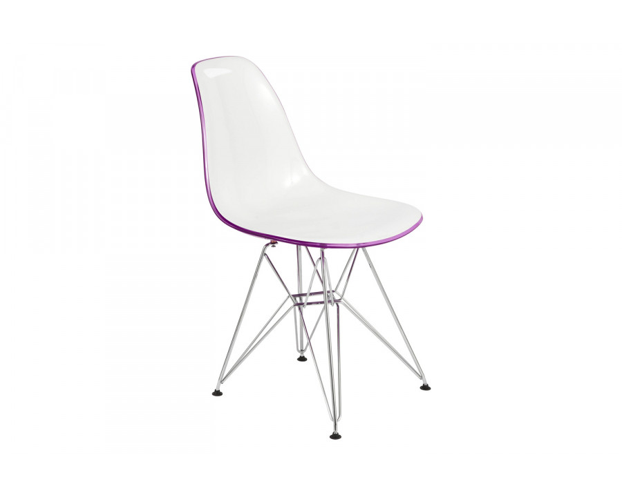 LeisureMod Cresco Molded Plastic Eiffel Side Chair with Chrome Legs - White/Purple