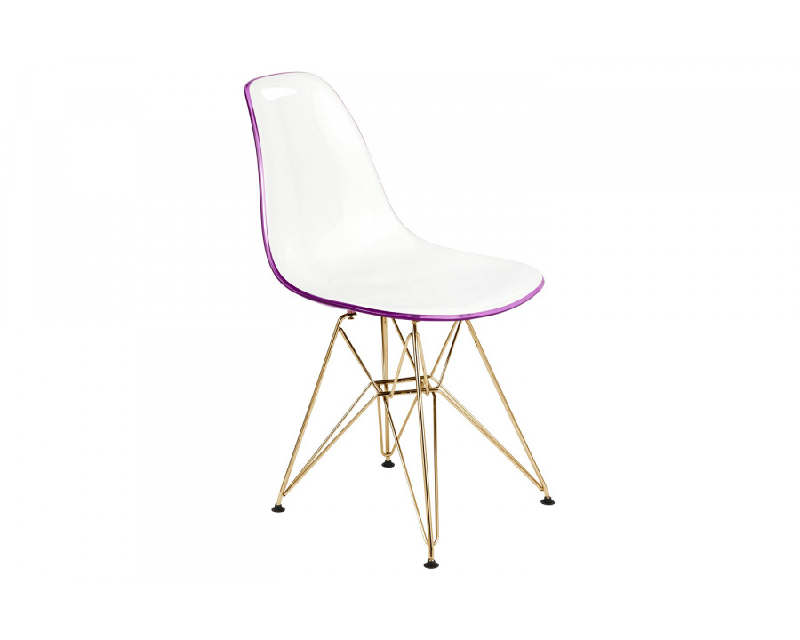 LeisureMod Cresco Modern Molded Eiffel Side Dining Chair with Gold Base - White/Purple