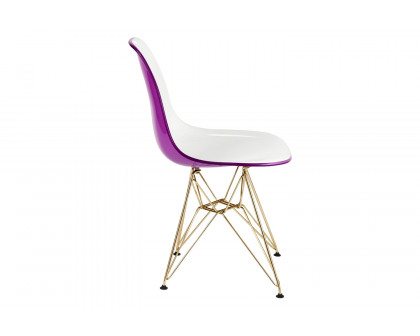 LeisureMod Cresco Modern Molded Eiffel Side Dining Chair with Gold Base - White/Purple