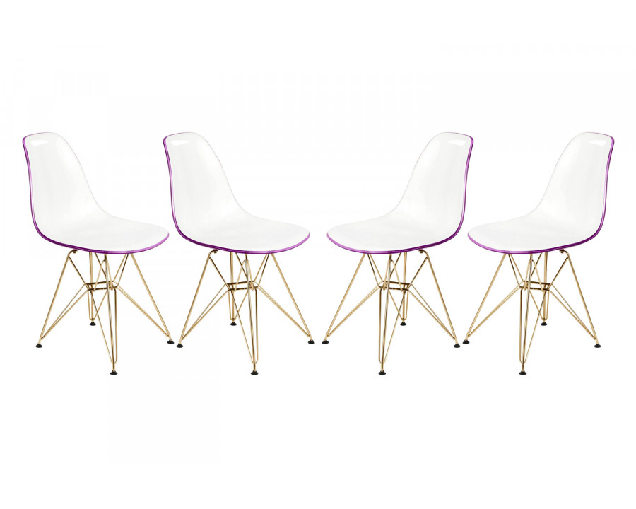 LeisureMod Cresco Modern Molded Eiffel Side Dining Chair with Gold Base (Set Of 4) - White/Purple