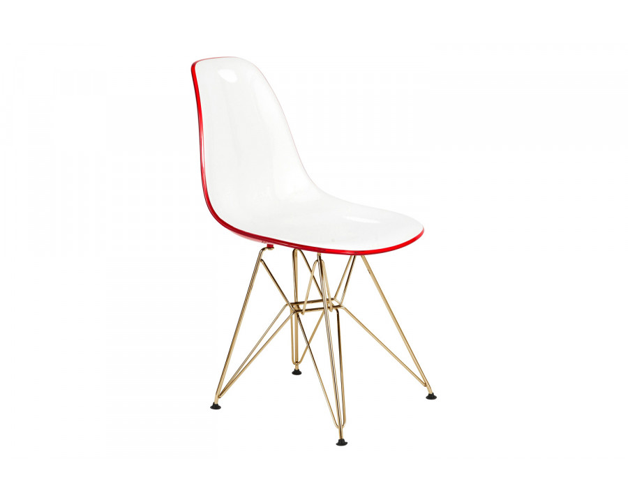 LeisureMod Cresco Modern Molded Eiffel Side Dining Chair with Gold Base - White/Red