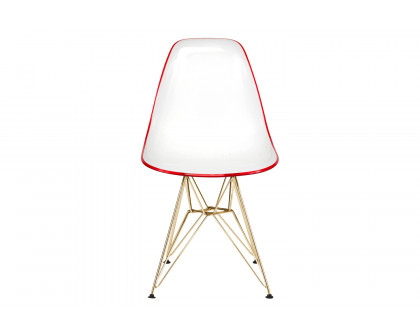 LeisureMod Cresco Modern Molded Eiffel Side Dining Chair with Gold Base - White/Red