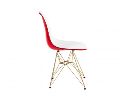 LeisureMod Cresco Modern Molded Eiffel Side Dining Chair with Gold Base - White/Red