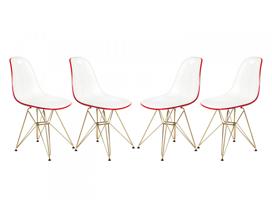 LeisureMod Cresco Modern Molded Eiffel Side Dining Chair with Gold Base (Set Of 4) - White/Red