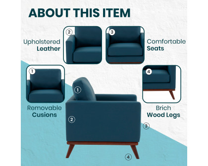 LeisureMod Chester Modern Leather Accent Arm Chair With Birch Wood Base - Navy Blue