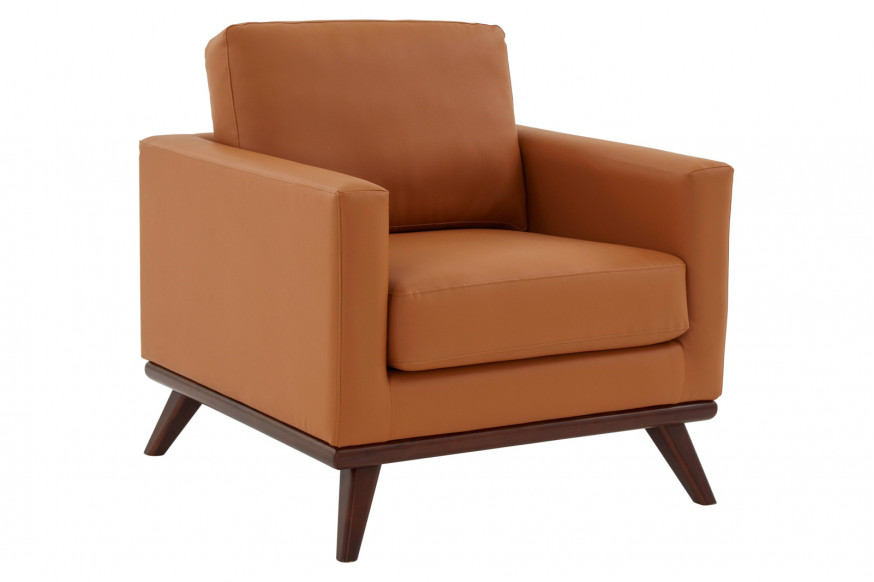 LeisureMod™ Chester Modern Leather Accent Arm Chair With Birch Wood Base - Cognac Tan