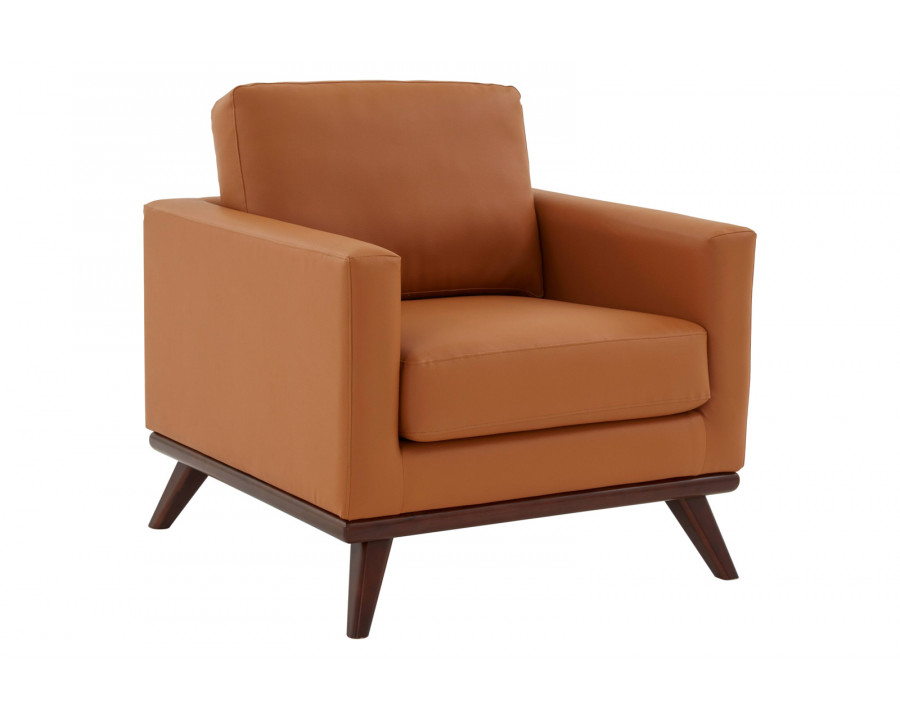 LeisureMod Chester Modern Leather Accent Arm Chair With Birch Wood Base - Cognac Tan