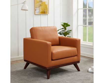 LeisureMod™ Chester Modern Leather Accent Arm Chair With Birch Wood Base - Cognac Tan