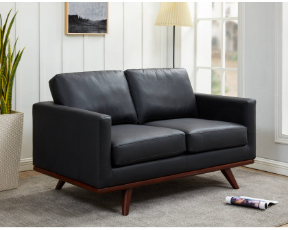 LeisureMod Chester Modern Leather Loveseat With Birch Wood Base - Black