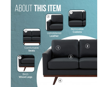 LeisureMod Chester Modern Leather Loveseat With Birch Wood Base - Black