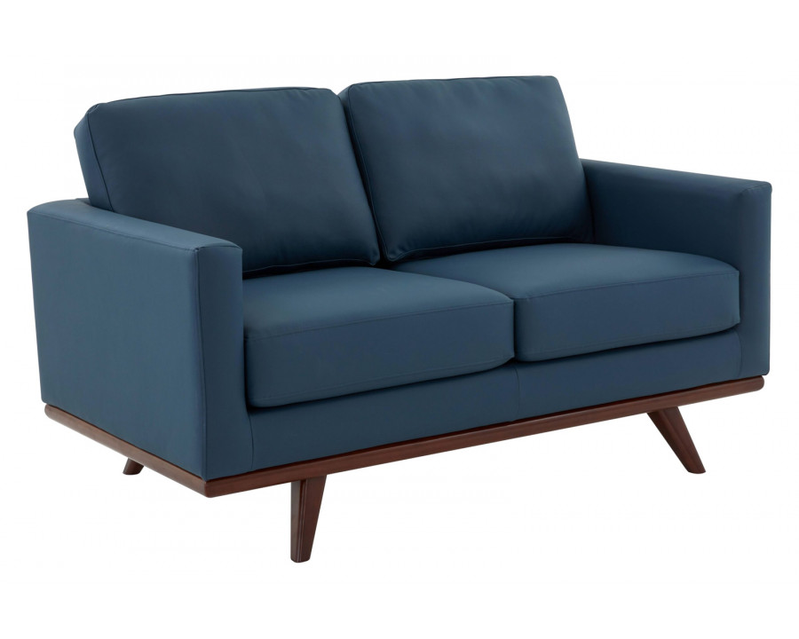 LeisureMod Chester Modern Leather Loveseat With Birch Wood Base - Navy Blue