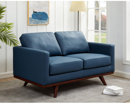 LeisureMod Chester Modern Leather Loveseat With Birch Wood Base - Navy Blue