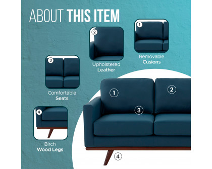 LeisureMod Chester Modern Leather Loveseat With Birch Wood Base - Navy Blue