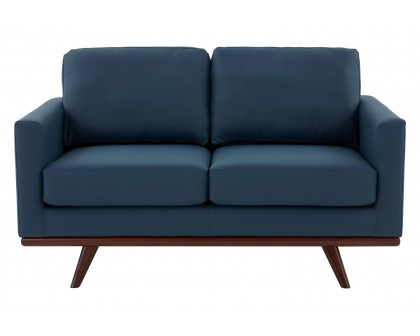 LeisureMod Chester Modern Leather Loveseat With Birch Wood Base - Navy Blue