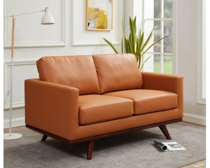 LeisureMod Chester Modern Leather Loveseat With Birch Wood Base - Cognac Tan