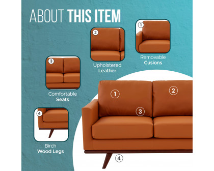 LeisureMod Chester Modern Leather Loveseat With Birch Wood Base - Cognac Tan