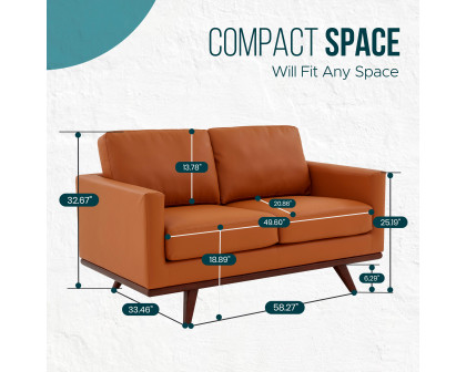 LeisureMod Chester Modern Leather Loveseat With Birch Wood Base - Cognac Tan