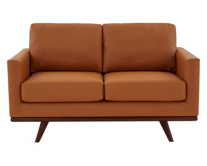 LeisureMod Chester Modern Leather Loveseat With Birch Wood Base - Cognac Tan