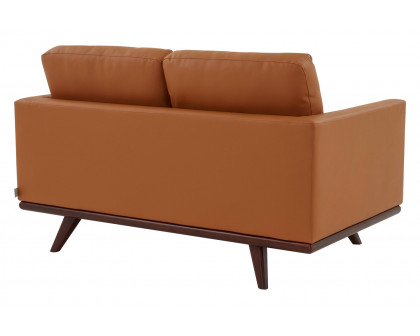 LeisureMod Chester Modern Leather Loveseat With Birch Wood Base - Cognac Tan