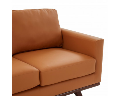 LeisureMod Chester Modern Leather Loveseat With Birch Wood Base - Cognac Tan